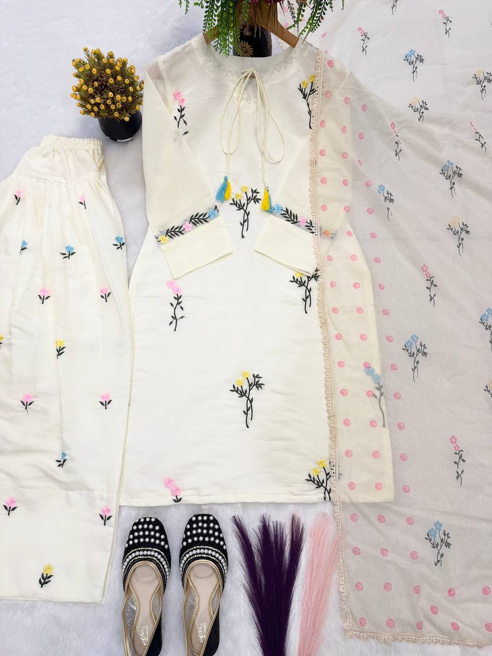 Off-White Pastel Flora Palazzo Suit